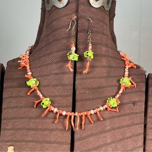 Art Glass Lampwork Necklace Earrings Set Tree Frog Branch Coral Pearl Statement
